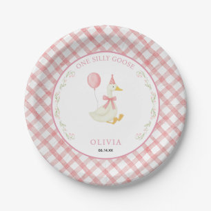 Rosa Gingham-Blumen Ein verrückter Gans 1. Geburts Pappteller
