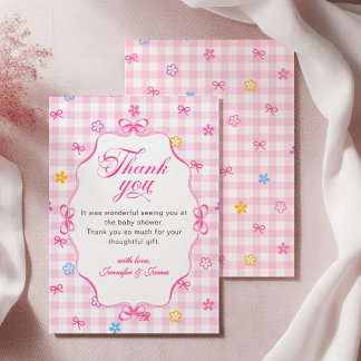 Rosa Gingham-Blumen-Schleife Baby-Shower-Dankeskar Dankeskarte