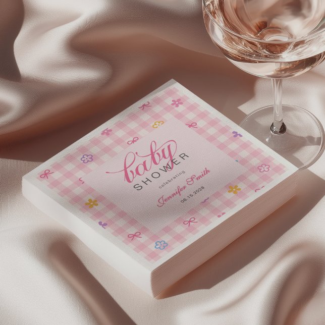 Rosa Gingham-Blumen-Schleife Baby Shower Serviette (Von Creator hochgeladen)