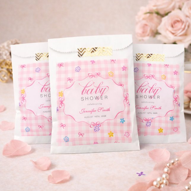 Rosa Gingham-Blumen-Schleifen-Babyshower-Mitgebs-T Geschenktütchen (Von Creator hochgeladen)