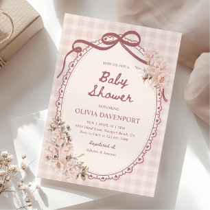 Rosa Gingham-Blumen-Vintage-Mädchen-Baby-Party Einladung