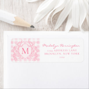 Rosa Gingham-Blumen-Wappen-Monogramm-Adresse