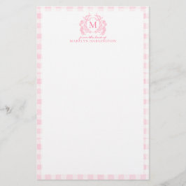 Rosa Gingham-Blumen-Wappen-Monogramm Briefpapier