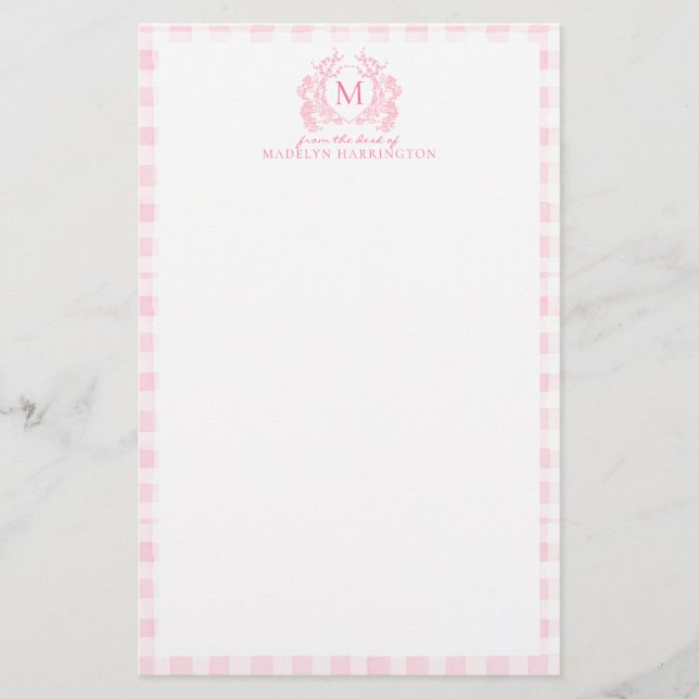 Rosa Gingham-Blumen-Wappen-Monogramm Briefpapier (Vorderseite)