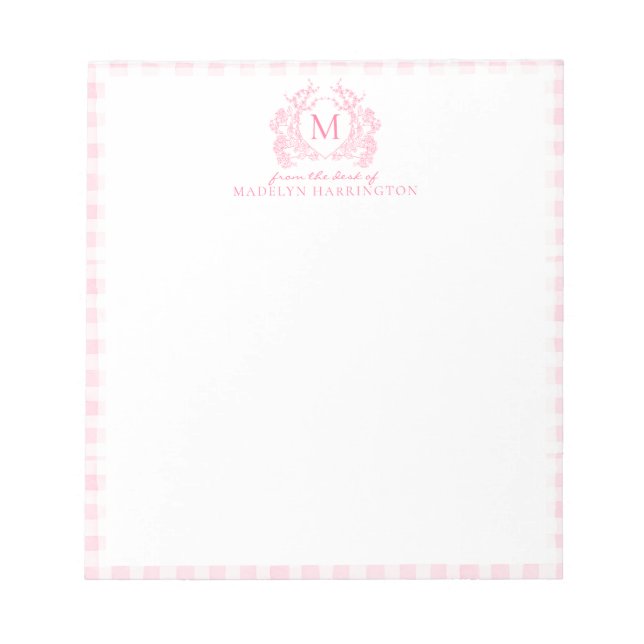 Rosa Gingham-Blumen-Wappen-Monogramm Notizblock (Vorderseite)