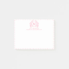 Rosa Gingham-Blumen-Wappen-Monogramm Post-it Klebezettel