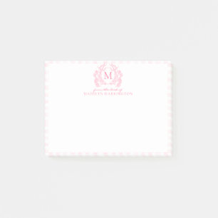 Rosa Gingham-Blumen-Wappen-Monogramm Post-it Klebezettel