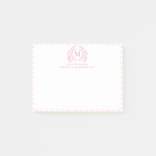 Rosa Gingham-Blumen-Wappen-Monogramm Post-it Klebezettel (Vorderseite)