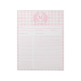 Rosa Gingham-Blumen-Wappen-Monogramm-Rezept Notizblock
