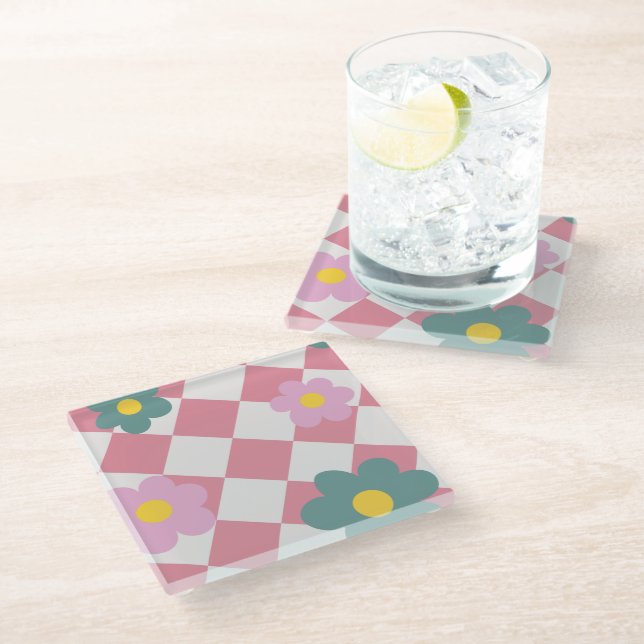 Rosa Gingham-Blumenmuster – Retro süße Blumen  Glasuntersetzer (Schrägansicht)