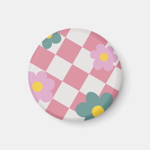 Rosa Gingham-Blumenmuster – Retro süße Blumen Magnet