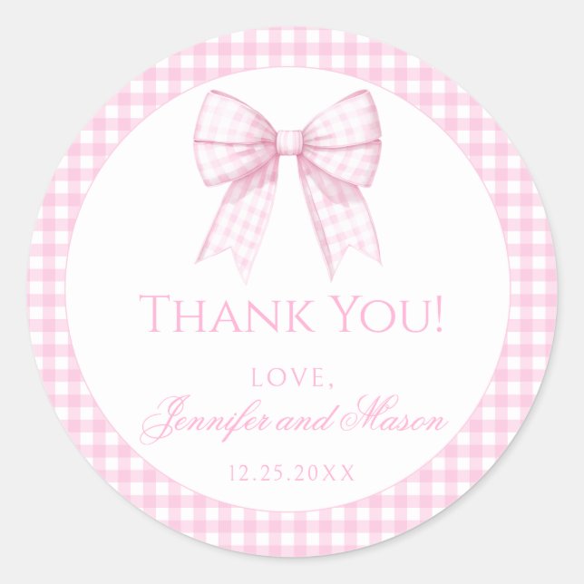Rosa Gingham Bogen Mädchen Dusche danke Runder Aufkleber (Vorderseite)