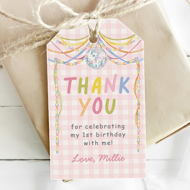 Rosa Gingham Bunter Mädchen-Geburtstagsfeier Geschenkanhänger (Von Creator hochgeladen)