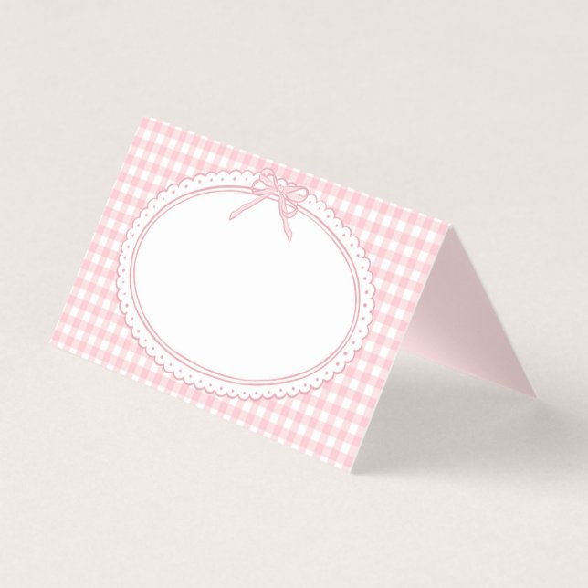 Rosa Gingham Coquette Bogen Platzkarten Tischdekor (Vorderseite)