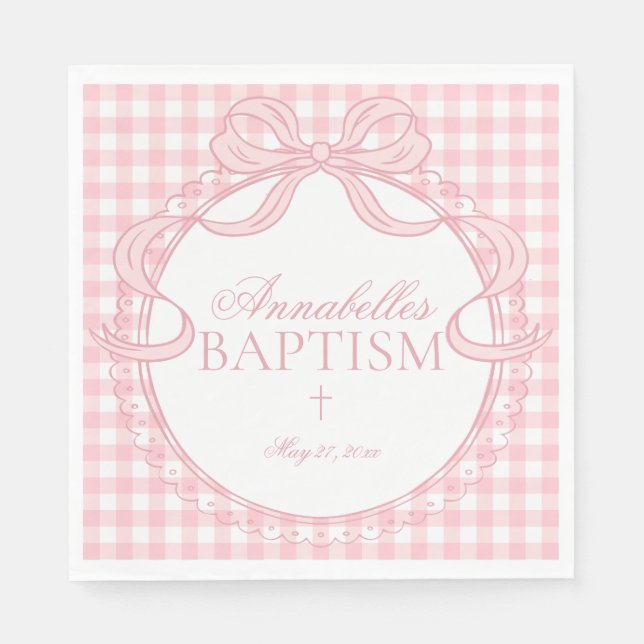 Rosa Gingham Coquette Bogen Tauf Tischdekoration Serviette (Vorderseite)