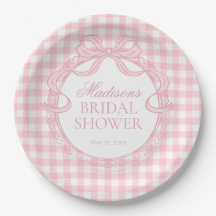 Rosa Gingham Coquette-Schleife Brautparty Pappteller