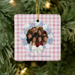 Rosa Gingham eisblaue Familienfoto-Kranz Weihnacht Keramikornament