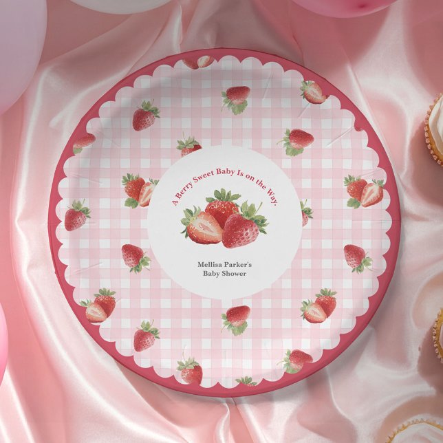 rosa Gingham-Erdbeer-Baby-Mädchen-Party Pappteller (Strawberry Berry Sweet with Pink Gingham Background-Baby Shower Party Paper Plate.)