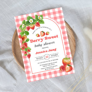 Rosa Gingham-Erdbeer-Baby-Party Einladung