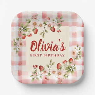 Rosa Gingham Erdbeer Blumen Geburtstag Pappteller