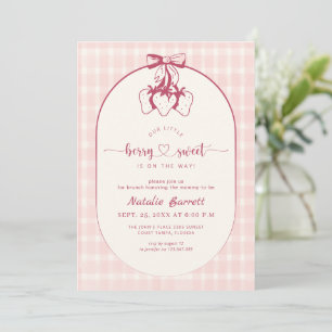 Rosa Gingham-Erdbeer-Schleifen-Baby-Party Einladung