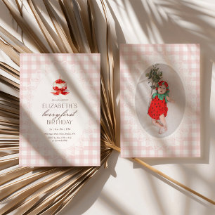 Rosa Gingham Erdbeere 1. Foto Geburtstag Einladung