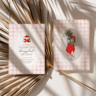 Rosa Gingham Erdbeere 1. Foto Geburtstag Einladung