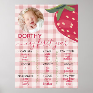 Rosa Gingham-Erdbeere Erster Geburtstag Meilenstei Poster