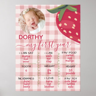 Rosa Gingham-Erdbeere Erster Geburtstag Meilenstei Poster