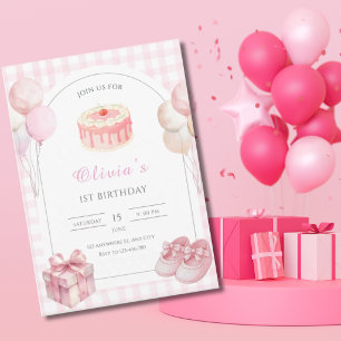 Rosa Gingham Erster Geburtstag mit Aquarell-Torte, Einladung