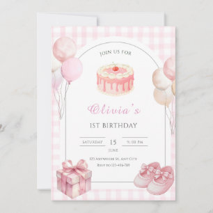 Rosa Gingham Erster Geburtstag mit Aquarell-Torte, Einladung