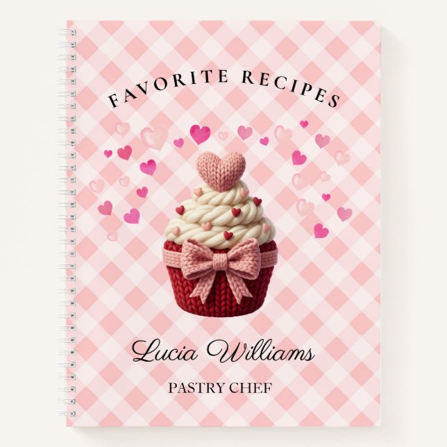 Rosa Gingham-Faux-Häkel-Cupcake-Bäckerei-Notizbuch Notizbuch (Vorderseite)