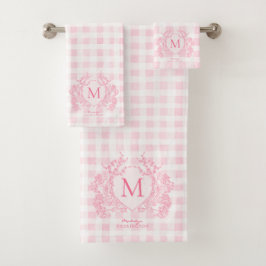 Rosa Gingham Floral Wappen Monogram Badhandtuch Set