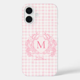 Rosa Gingham Floral Wappen Monogram iPhone 16 Hülle