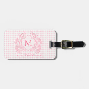 Rosa Gingham Floral Wappen Monogram Gepäckanhänger