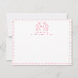 Rosa Gingham Floral Wappen Monogram Mitteilungskarte