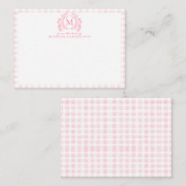 Rosa Gingham Floral Wappen Monogram Mitteilungskarte
