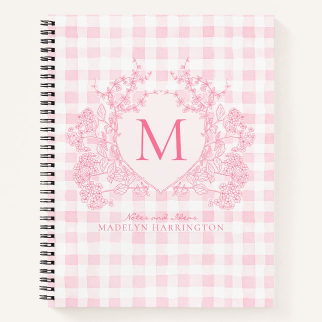 Rosa Gingham Floral Wappen Monogram Notizbuch (Vorderseite)