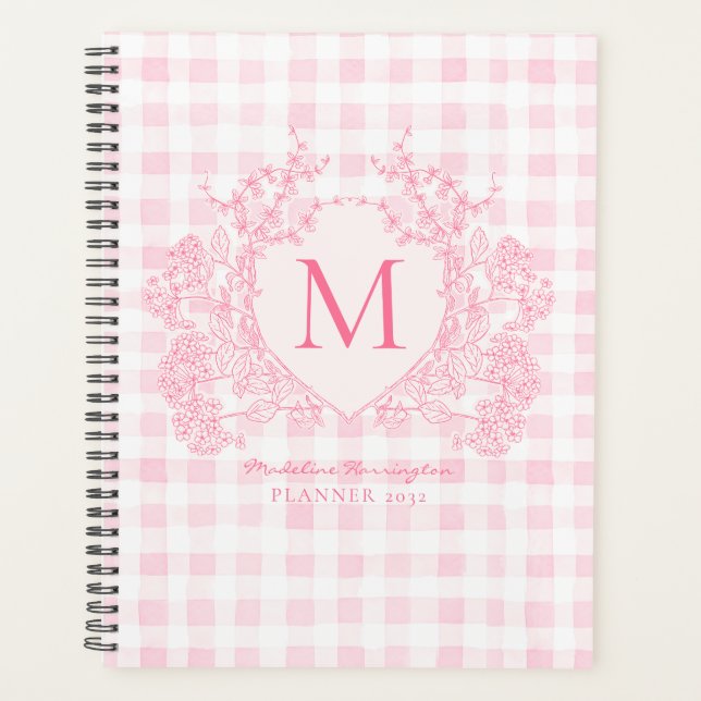 Rosa Gingham Floral Wappen Monogram Planer (Vorderseite)