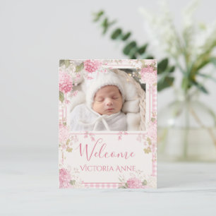 Rosa Gingham-Foto Vintage-Hortensien Geburt Ankündigungspostkarte