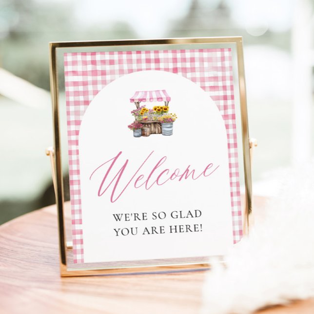 Rosa Gingham Fresh Off Market Willkommenszeichen Poster (Pink Gingham Fresh Off The Market Welcome Sign)