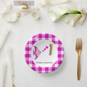 Rosa Gingham Goldfolien-Ballon Fisch 1. Geburtstag Pappteller