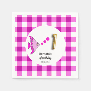 Rosa Gingham-Goldfolien-Ballonfisch 1. Geburtstag Serviette