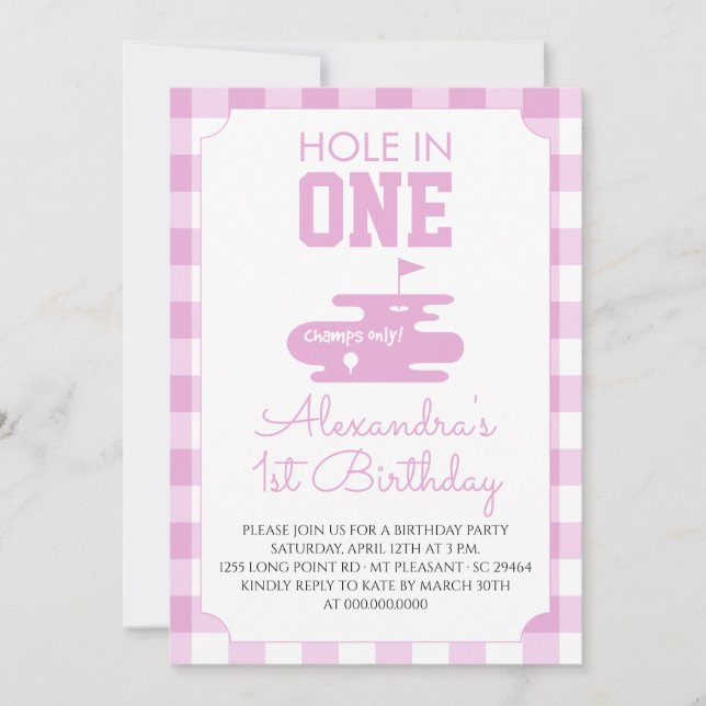 Rosa Gingham-Golf 1. Geburtstagsfeier Einladung (Vorderseite)