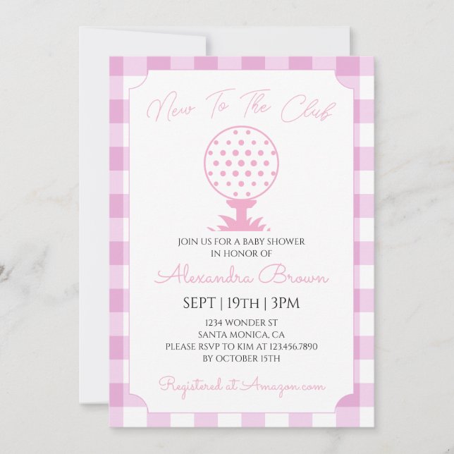 Rosa Gingham-Golf-Babymädchen-Party Einladung (Vorderseite)