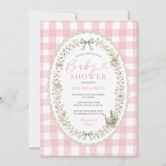 Rosa Gingham-Großmutter-Baby-Party  Einladung (Vorderseite)