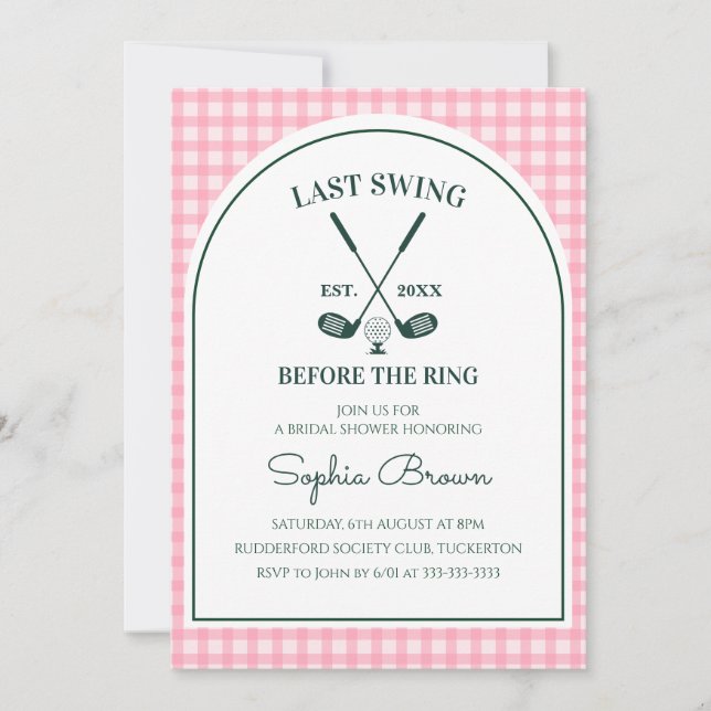 Rosa Gingham Grünbogen Golf Brautparty Einladung (Vorderseite)