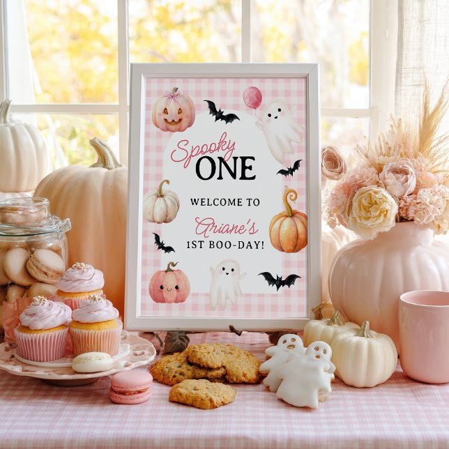 Rosa Gingham Gruseliges Eins Erstes Geburtstags Wi Poster (Pink Gingham Spooky One First Birthday Welcome Poster)