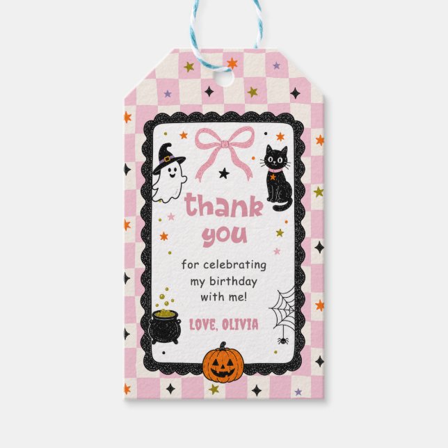 Rosa Gingham Halloween-Geburtstagsfeier Geschenkanhänger (Vorderseite)