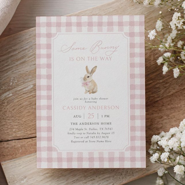 Rosa Gingham-Hasen-Baby-Party Einladung (Von Creator hochgeladen)